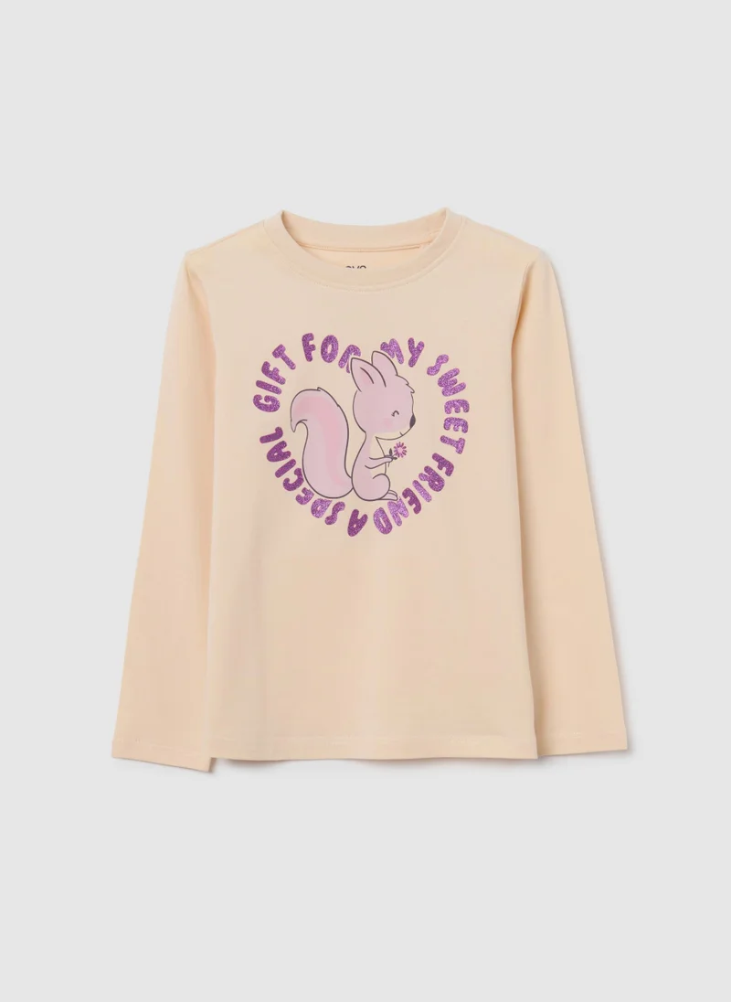 او في اس OVS Girl'S Beige Stretch Cotton Blend T-Shirt, Regular Fit